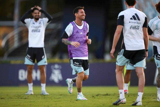 Argentina's forward Lionel Messi smiles during a training session in Ezeiza, Buenos Aires province, Argentina on March 25, 2026. Argentina will play a friendly match against Mauritania on March 27 at the La Bombonera Stadium in Buenos Aires. (Photo by Luis ROBAYO / AFP)