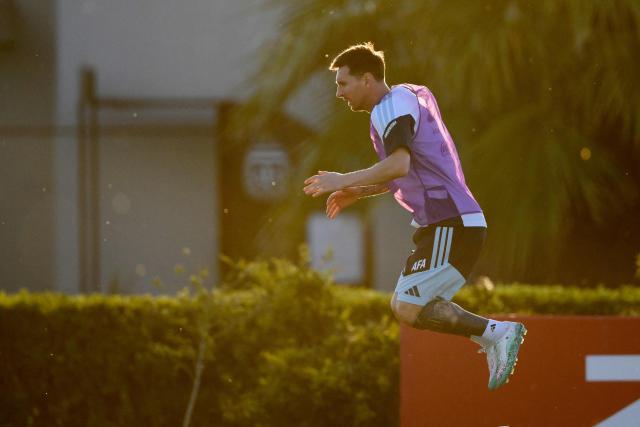 Argentina's forward Lionel Messi jumps during a training session in Ezeiza, Buenos Aires province, Argentina on March 25, 2026. Argentina will play a friendly match against Mauritania on March 27 at the La Bombonera Stadium in Buenos Aires. (Photo by Luis ROBAYO / AFP)