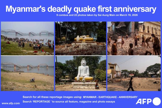 AFP presents a photo reportage of 9 combos and 22 photos taken by photographer Sai Aung Main on March 19, 2026, of damaged areas one year after a 7.7 magnitude earthquake in Myanmar. The magnitude 7.7 magnitude earthquake on March 28, 2025 killed more than 3,700 people as it razed buildings in Myanmar's central belt, with devastation focused on the second-most-populous city of Mandalay.

Search for all these reportage images using: MYANMAR - EARTHQUAKE - ANNIVERSARY 

Search ‘REPORTAGE’ to source all feature, magazine and photo essays

More pictures can be found on afpforum.com (Photo by Sai Aung MAIN / AFP)