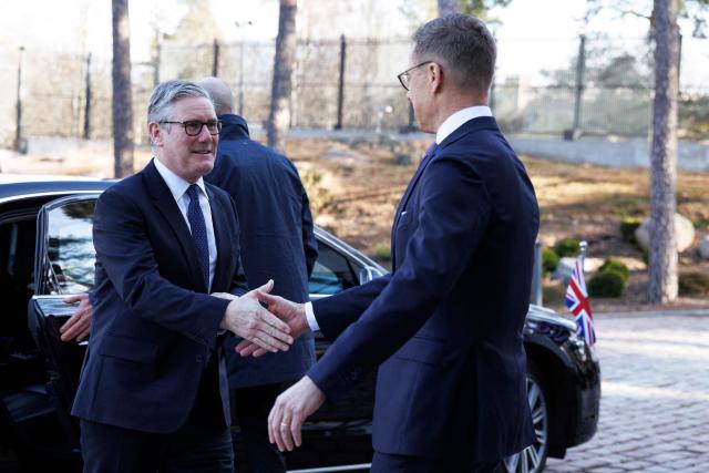 President of the Republic of Finland Alexander Stubb (R) greets Britain's Prime Minister Keir Starmer prior the Joint Expeditionary Force JEF Leaders’ Summit in Helsinki on March 26, 2026. (Photo by Seppo Samuli / Lehtikuva / AFP) / Finland OUT