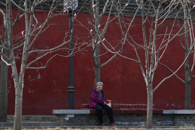 A woman sits on a bench outside of the Jingshan park in Beijing on March 26, 2026. (Photo by ADEK BERRY / AFP)