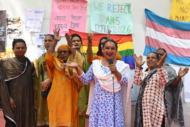 Members of the transgender community shout slogans during a protest against the proposed Transgender Persons (Protection of Rights) Amendment Bill in New Delhi on March 26, 2026. (Photo by Arun SANKAR / AFP)