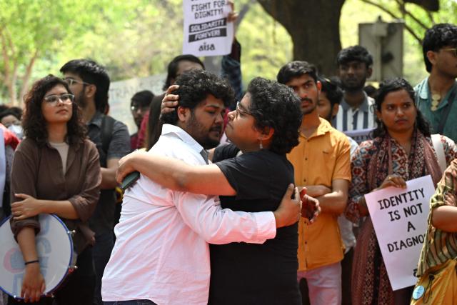 Supporters and members of the transgender community protest against the proposed Transgender Persons (Protection of Rights) Amendment Bill in New Delhi on March 26, 2026. (Photo by Arun SANKAR / AFP)