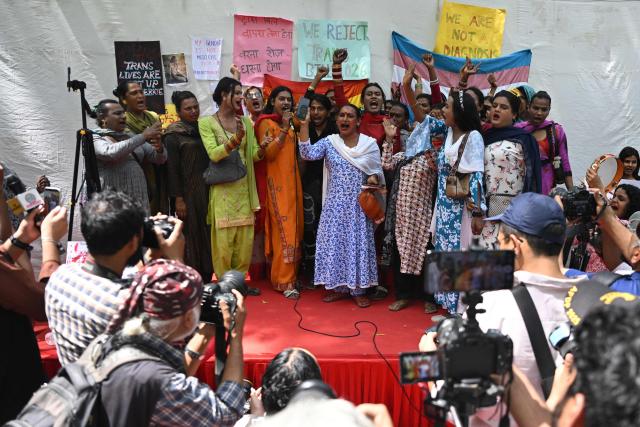 Members of the transgender community shout slogans during a protest against the proposed Transgender Persons (Protection of Rights) Amendment Bill in New Delhi on March 26, 2026. (Photo by Arun SANKAR / AFP)