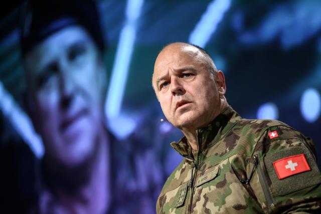 Swiss Armed Forces chief Lieutenant General Benedikt Roos speaks during a press conference to mark his first 100 days in office in Thun on March 26, 2026. (Photo by Fabrice COFFRINI / AFP)