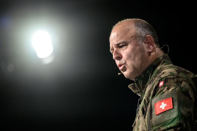 Swiss Armed Forces chief Lieutenant General Benedikt Roos speaks during a press conference to mark his first 100 days in office in Thun on March 26, 2026. (Photo by Fabrice COFFRINI / AFP)