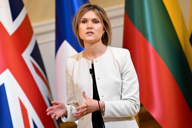 Icelandic Prime Minister Kristrun Frostadottir gives doorstep comments at the Joint Expeditionary Force JEF Leaders’ Summit in Helsinki, Finland on March 26, 2026. The topics on the agenda include support from the JEF countries to Ukraine and the overall security situation in Europe. (Photo by Emmi Korhonen / Lehtikuva / AFP) / Finland OUT