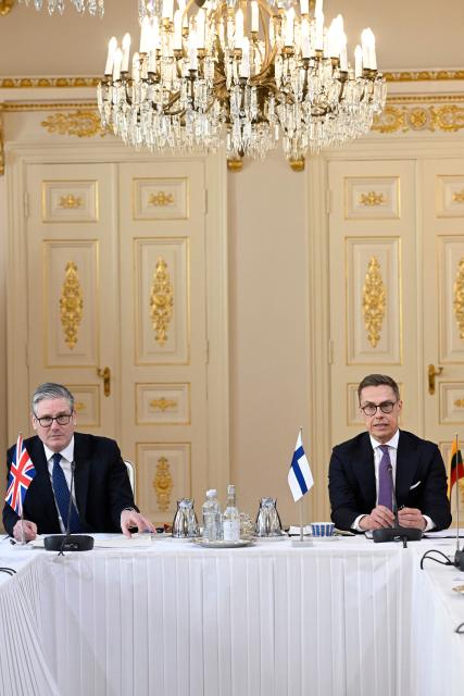 British Prime Minister Keir Starmer (L) and Finnish President Alexander Stubb attend the working session of the Joint Expeditionary Force JEF Leaders’ Summit in Helsinki, Finland on March 26, 2026. The topics on the agenda include support from the JEF countries to Ukraine and the overall security situation in Europe. (Photo by Emmi Korhonen / Lehtikuva / AFP) / Finland OUT