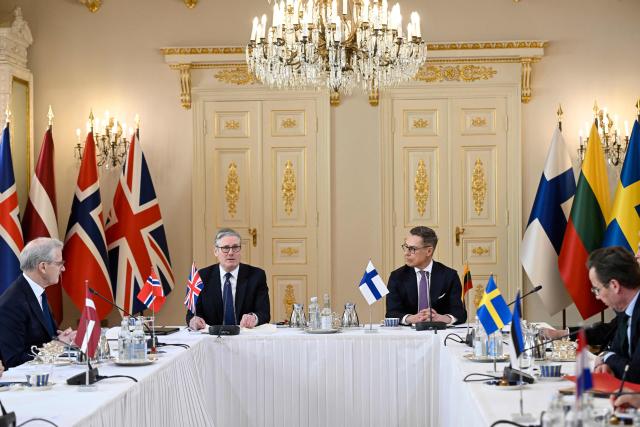 (L-R) Norwegian Prime Minister Jonas Gahr Store, British Prime Minister Keir Starmer, Finnish President Alexander Stubb and Swedish Prime Minister Ulf Kristersson attend the working session of the Joint Expeditionary Force JEF Leaders’ Summit in Helsinki, Finland on March 26, 2026. The topics on the agenda include support from the JEF countries to Ukraine and the overall security situation in Europe. (Photo by Emmi Korhonen / Lehtikuva / AFP) / Finland OUT