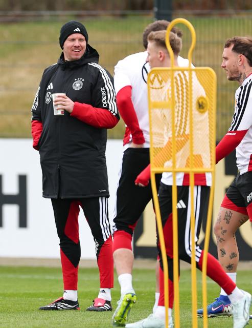 Germany's headcoach Julian Nagelsmann attends a training session before the international friendly footbal match against Switzerland in Herzogenaurach, southern Germany on March 26, 2026. (Photo by Daniel Karmann / AFP)