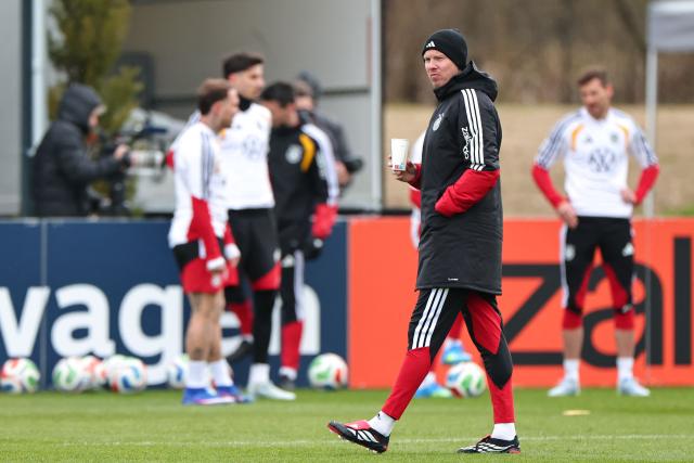 Germany's headcoach Julian Nagelsmann attends a training session before the international friendly footbal match against Switzerland in Herzogenaurach, southern Germany on March 26, 2026. (Photo by Daniel Karmann / AFP)