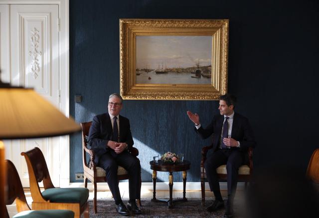 British Prime Minister Keir Starmer (L) and Dutch Prime Minister Rob Jetten have taken seat for a bilateral meeting at the Joint Expeditionary Force JEF Leaders’ Summit in Helsinki, Finland on March 26, 2026. (Photo by Adrian Dennis / POOL / AFP)