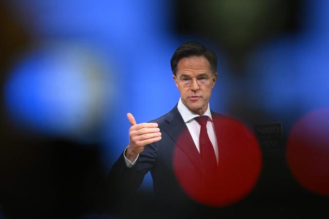 NATO Secretary General Mark Rutte gives a press conference about NATO's general annual report in Brussels on March 26, 2026. A NATO report on March 26 said military spending by member states rose by a fifth year-on-year in 2025 to 574 billion USD. (Photo by Nicolas TUCAT / AFP)