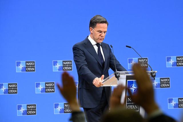 NATO Secretary General Mark Rutte gives a press conference about NATO's general annual report in Brussels on March 26, 2026. A NATO report on March 26 said military spending by member states rose by a fifth year-on-year in 2025 to 574 billion USD. (Photo by Nicolas TUCAT / AFP)