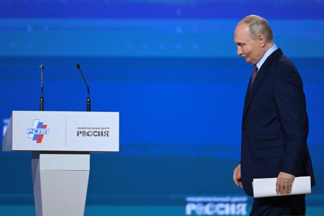 Russian President Vladimir Putin attends the Congress of the Russian Union of Industrialists and Entrepreneurs in Moscow on March 26, 2026. (Photo by Igor IVANKO / AFP)