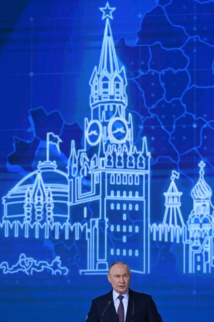 Russian President Vladimir Putin attends the Congress of the Russian Union of Industrialists and Entrepreneurs in Moscow on March 26, 2026. (Photo by Igor IVANKO / AFP)