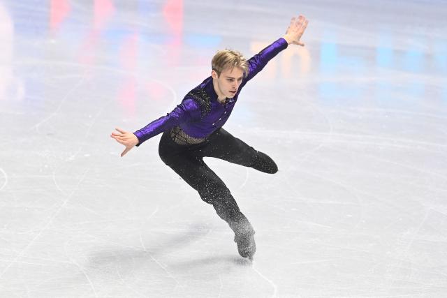 Aleksandr Selevko from Estonia performs during the men's short program at the 2026 ISU World Figure Skating Championships in Prague on March 26, 2026. (Photo by Michal Cizek / AFP)