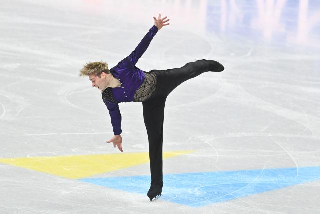 Aleksandr Selevko from Estonia performs during the men's short program at the 2026 ISU World Figure Skating Championships in Prague on March 26, 2026. (Photo by Michal Cizek / AFP)