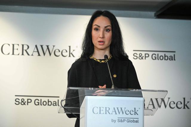 Laura Swett, Chairman of the Federal Energy Regulatory Commission, speaks during a press conference at the 2026 CERAWeek by S&P Global energy conference in Houston, Texas, on March 26, 2026. (Photo by RONALDO SCHEMIDT / AFP)