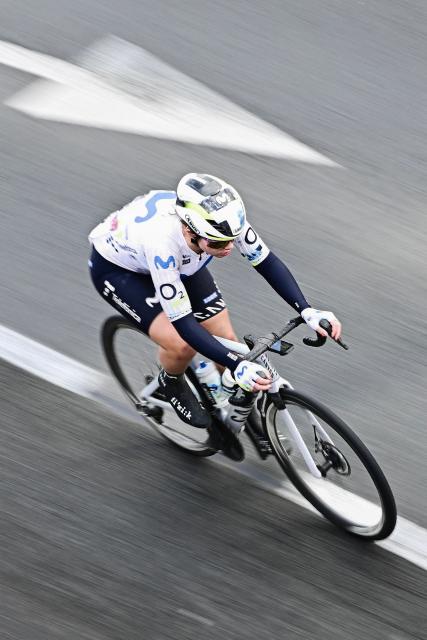 Winner, British Carys Lloyd of Movistar Team competes during the 'Ronde van Brugge' women's elite one-day cycling race, 143,7 km from and to Brugge on March, 26, 2026. (Photo by MAARTEN STRAETEMANS / Belga / AFP) / Belgium OUT