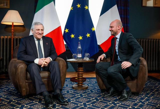 Italy's Foreign Minister Antonio Tajani (L) meets with France's Foreign Affairs Minister Jean-Noel Barrot before bilateral talks held as part of the G7 Foreign Ministers' meeting with Partner Countries for talks on Russia's war in Ukraine and the Middle East situation at the Vaux-de-Cernay Abbey in Cernay-la-Ville outside Paris, on March 26, 2026. Foreign ministers from the G7 will take part part in a two-day meeting with European nations and allies seeking to narrow differences with the US on the Middle East war while keeping other crises like Ukraine and Gaza high on the agenda. (Photo by Stephanie Lecocq / POOL / AFP)