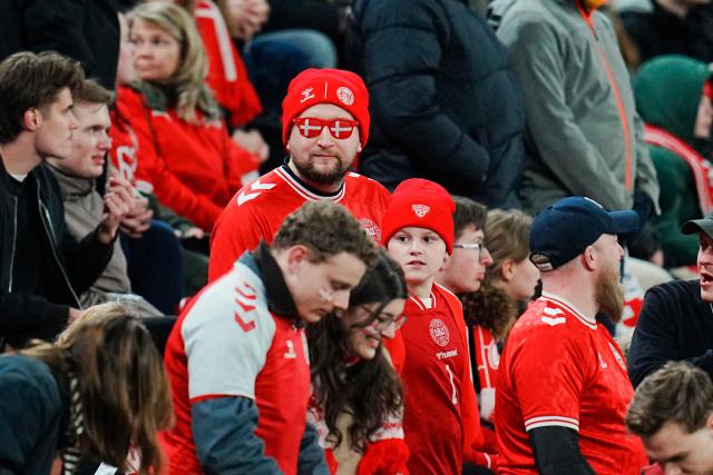 Denmark's fans look on prior to the FIFA World Cup 2026 European qualification semi-final football match between Denmark and North Macedonia in Copenhagen on March 26, 2026. (Photo by Liselotte Sabroe / Ritzau Scanpix / AFP) / Denmark OUT