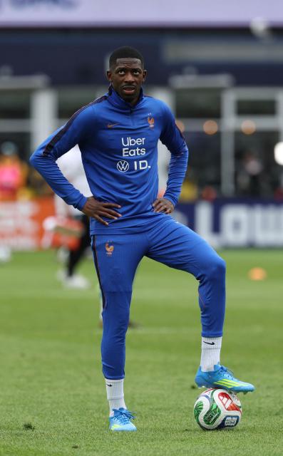 France forward Ousmane Dembele warms up ahead of a friendly football match between Brazil and France at Gillette Stadium in Foxborough, Massachusetts, on March 26, 2026. (Photo by FRANCK FIFE / AFP)