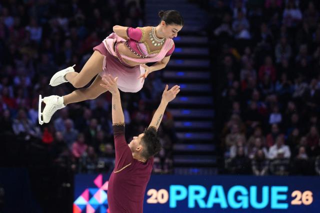 Armenia’s Karina Akopova and Nikita Rakhmanin perform during the pairs free skating program of the 2026 ISU Figure Skating World Championships in Prague on March 26, 2026. (Photo by Michal Cizek / AFP)
