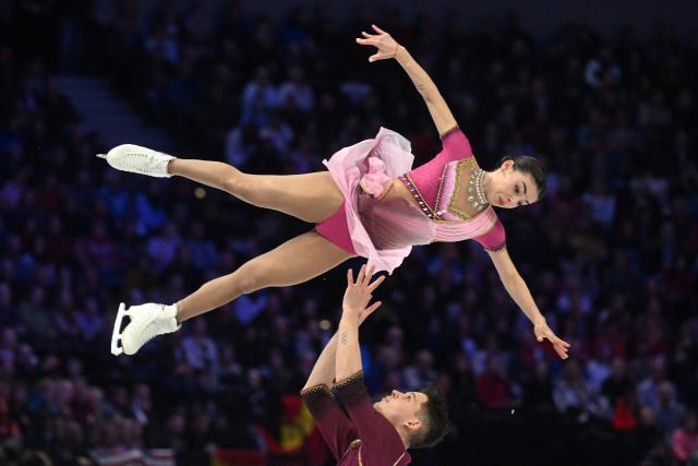 Armenia’s Karina Akopova and Nikita Rakhmanin perform during the pairs free skating program of the 2026 ISU Figure Skating World Championships in Prague on March 26, 2026. (Photo by Michal Cizek / AFP)