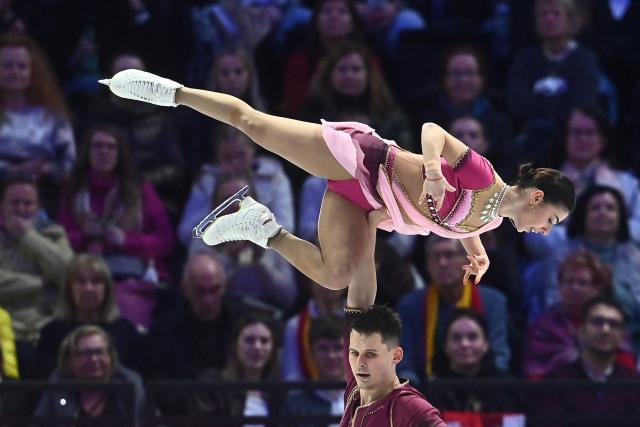 Armenia’s Karina Akopova and Nikita Rakhmanin perform during the pairs free skating program of the 2026 ISU Figure Skating World Championships in Prague on March 26, 2026. (Photo by Michal Cizek / AFP)