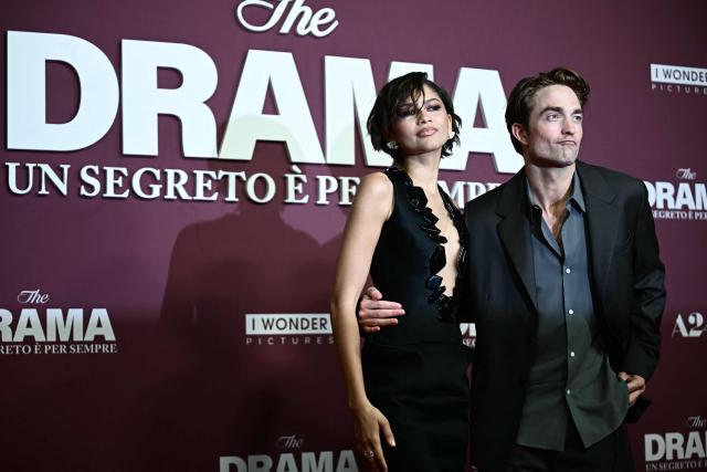 TOPSHOT - US actress and singer Zendaya and British actor Robert Pattinson, pose during a photocall at the premiere of the movie "The Drama" at the Adriano cinema in Rome on March 26, 2026. (Photo by Filippo MONTEFORTE / AFP)