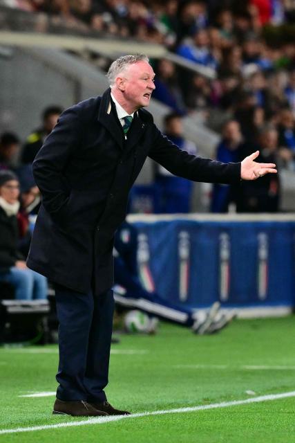 Northern Ireland coach Michael O'Neill reacts during the play-off FIFA World Cup 2026 European qualification semi-final football match between Italy and North Ireland at the Gewiss stadium in Bergamo, on March 26, 2026. (Photo by Stefano RELLANDINI / AFP)