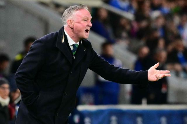 Northern Ireland coach Michael O'Neill reacts during the play-off FIFA World Cup 2026 European qualification semi-final football match between Italy and North Ireland at the Gewiss stadium in Bergamo, on March 26, 2026. (Photo by Stefano RELLANDINI / AFP)