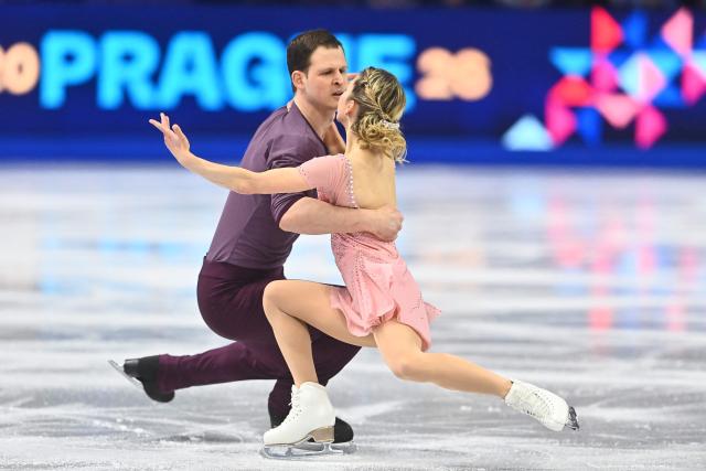 USA's Alisa Efimova and Misha Mitrofanov perform during the pairs free skating program of the 2026 ISU Figure Skating World Championships in Prague on March 26, 2026. (Photo by Michal Cizek / AFP)