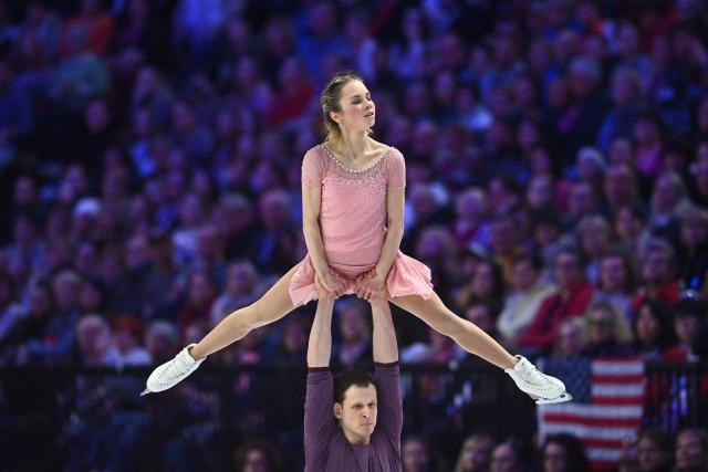 USA's Alisa Efimova and Misha Mitrofanov perform during the pairs free skating program of the 2026 ISU Figure Skating World Championships in Prague on March 26, 2026. (Photo by Michal Cizek / AFP)