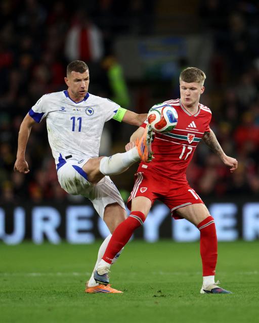 Wales' midfielder Jordan James is put under pressure by Bosnia-Herzegovina's forward Edin Dzeko  during the FIFA World Cup qualification semi-final football match between Wales and Bosnia and Herzegovina, at Cardiff City Stadium, in Cardiff, on March 26, 2026. (Photo by Darren Staples / AFP)