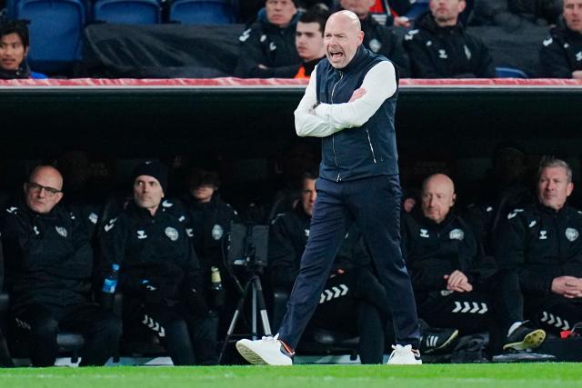 Denmark's coach Brian Riemer reacts during the FIFA World Cup 2026 European qualification semi-final football match between Denmark and North Macedonia in Copenhagen on March 26, 2026. (Photo by Liselotte Sabroe / Ritzau Scanpix / AFP) / Denmark OUT