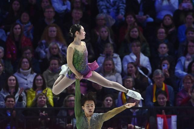 Japan’s Yuna Nagaoka and Sumitada Moriguchi perform during the pairs free skating program of the 2026 ISU Figure Skating World Championships in Prague on March 26, 2026. (Photo by Michal Cizek / AFP)