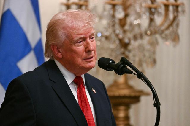 US President Donald Trump speaks during a Greek Independence Day celebration in the East Room of the White House in Washington, DC, on March 26, 2026. (Photo by Jim WATSON / AFP)