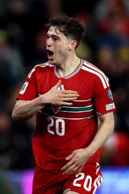 Wales' midfielder #20 Daniel James celebrates scoring the team's first goal during the FIFA World Cup qualification semi-final football match between Wales and Bosnia and Herzegovina, at Cardiff City Stadium, in Cardiff, on March 26, 2026. (Photo by Darren Staples / AFP)