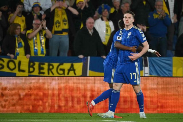 Sweden's forward #17 Viktor Gyokeres celebrates scoring his team's second goal during the 2026 World Cup qualifiers Europe zone semifinal football match between Ukraine and Sweden at Ciutat de Valencia Stadium in Valencia on March 26, 2026. (Photo by JOSE JORDAN / AFP)