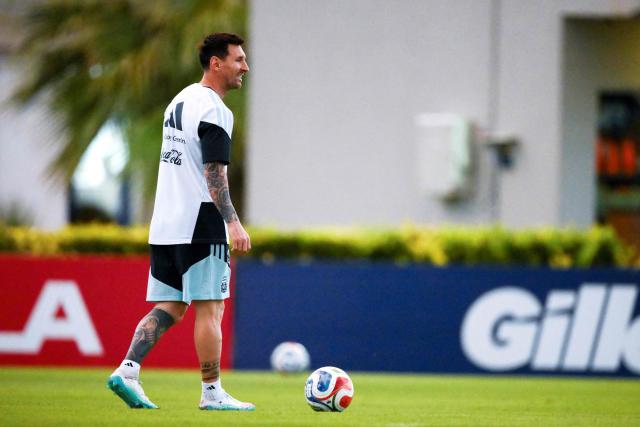Argentina's forward Lionel Messi looks on during a training session in Ezeiza, Buenos Aires province on March 26, 2026, ahead of a friendly match against Mauritania on March 27 at the La Bombonera Stadium in Buenos Aires. (Photo by Luis ROBAYO / AFP)