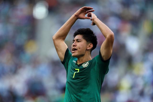 Bolivia's forward #07 Miguel Terceros celebrates after scoring a penalty kick during the 2026 FIFA World Cup qualifiers semi-final playoff football match between Bolivia and Suriname at the BBVA Stadium in Guadalupe, Mexico on March 26, 2026. (Photo by Julio Cesar AGUILAR / AFP)