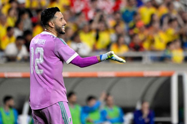 Colombia's goalkeeper #12 Camilo Vargas reacts during a friendly football match between Colombia and Croatia at Camping World Stadium in Orlando, Florida, on March 26, 2026. (Photo by Miguel J. Rodriguez CARRILLO / AFP)