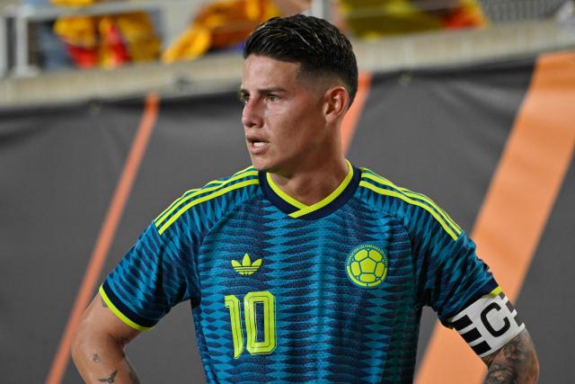 Colombia's midfielder #10 James Rodriguez looks on during a friendly football match between Colombia and Croatia at Camping World Stadium in Orlando, Florida, on March 26, 2026. (Photo by Miguel J. Rodriguez CARRILLO / AFP)