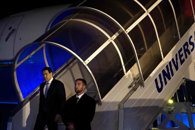 US Secretary of State Marco Rubio arrives at Le Bourget Airport in Le Bourget, France, early on March 27, 2026. Rubio is in France to take part in the G7 foreign ministers' meeting. (Photo by Brendan Smialowski / POOL / AFP)