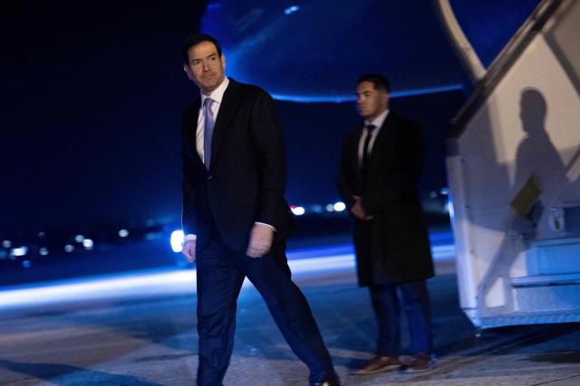 US Secretary of State Marco Rubio arrives at Le Bourget Airport in Le Bourget, France, early on March 27, 2026. Rubio is in France to take part in the G7 foreign ministers' meeting. (Photo by Brendan Smialowski / POOL / AFP)