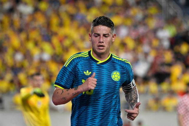 Colombia's midfielder #10 James Rodriguez runs during a friendly football match between Colombia and Croatia at Camping World Stadium in Orlando, Florida, on March 26, 2026. (Photo by Miguel J. Rodriguez CARRILLO / AFP)