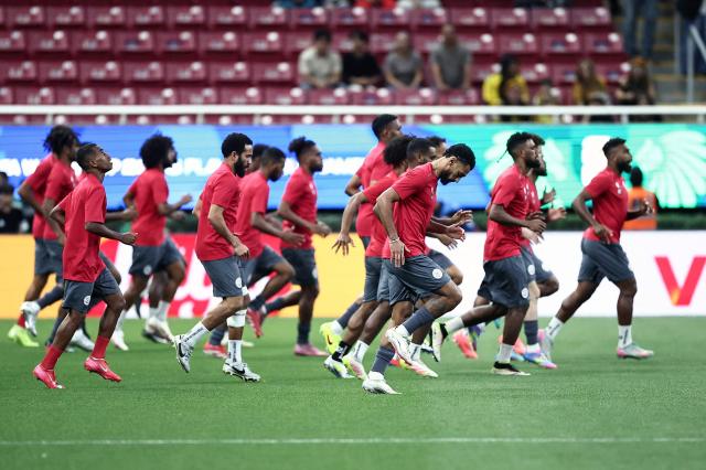 New Caledonia players warm up before the 2026 FIFA World Cup qualifiers semi-final playoff football match between New Caledonia and Jamaica at the Akron Stadium in Zapopan, state of Jalisco, Mexico on March 26, 2026. (Photo by Ulises Ruiz / AFP)
