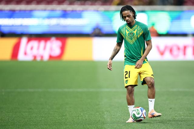 Jamaica's forward #21 Tyrese Hall warms up before the 2026 FIFA World Cup qualifiers semi-final playoff football match between New Caledonia and Jamaica at the Akron Stadium in Zapopan, state of Jalisco, Mexico on March 26, 2026. (Photo by Ulises Ruiz / AFP)